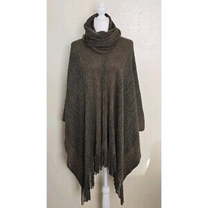 Northern Angel Fringe Poncho Womens Size Large Turtleneck Boho Chic Brown Green